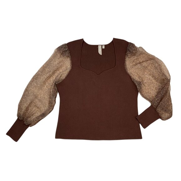 Anthropologie Dolan Puff Sleeve Sweater 1X Plus Brown Motif Animal Print Fall - Picture 1 of 11